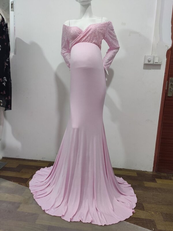 Vestido de gravidez para mulheres grávidas, vestido sexy de renda com decote em v e manga longa, sessão de fotos, maxi vestido para mulheres grávidas, roupas para fotos de bebê