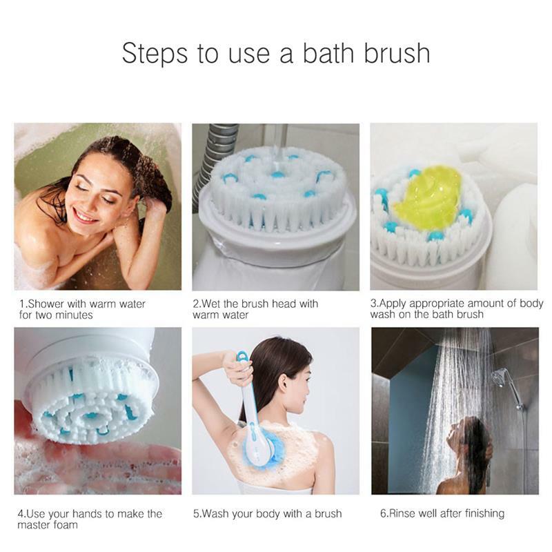 5 em 1 escova de chuveiro de banho elétrico handheld massagem corpo escova de volta limpo punho longo esfoliação limpa esfrega escovas