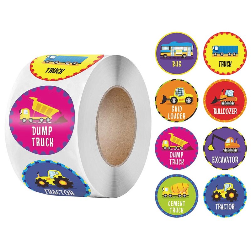 Ciężarówka naklejki 500 sztuk/rolka dzieci nagroda samoprzylepne etykiety 8 wzorów wzór Cartoon wodoodporne dla dzieci zabawki prezent