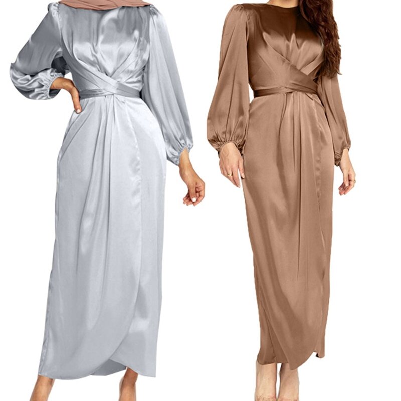 فستان نسائي صيفي رمضاني للعيد بأكمام طويلة من الساتان مزين بربطة من الأمام لون سادة فستان دبي للحفلات