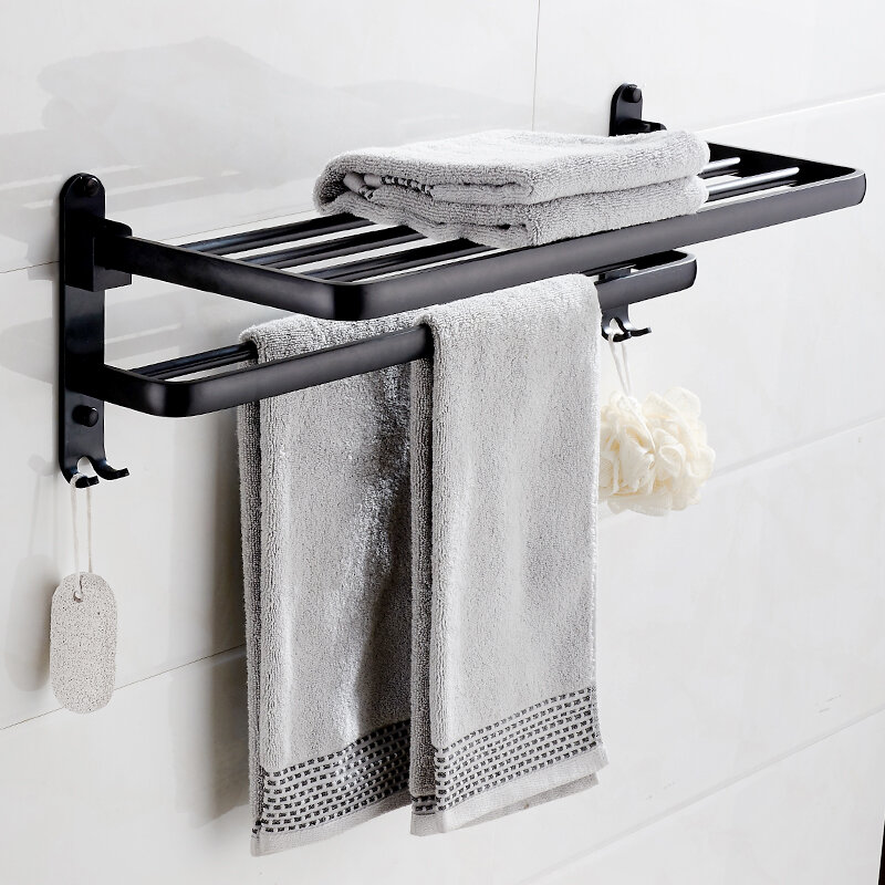 Cabide de toalha montado na parede rack de armazenamento prateleira de alumínio dobrável organizador de parede fosco suporte de toalha do banheiro chuveiro accessorie