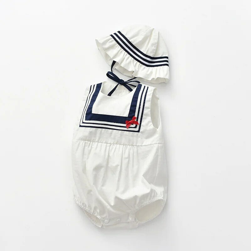 Yg 브랜드 아동복 2021 여름 새로운 민소매 신생아 등산 복, 해군 스타일 후드 아기 가방 방귀 양복