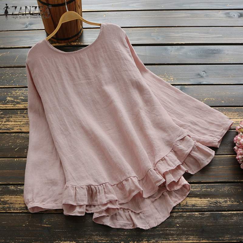 ZANZEA-Blusa holgada informal de lino y algodón para mujer, camisa de manga larga con cuello redondo y volantes, Estilo Vintage, Primavera
