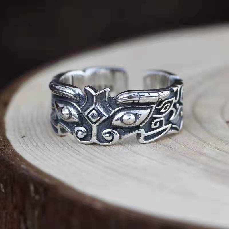 Vintage antique męska i damska stop cynkowy otwarty pierścień rzeźbione starożytne stworzenie G wzór pierścienia casual fashion party titanium stee