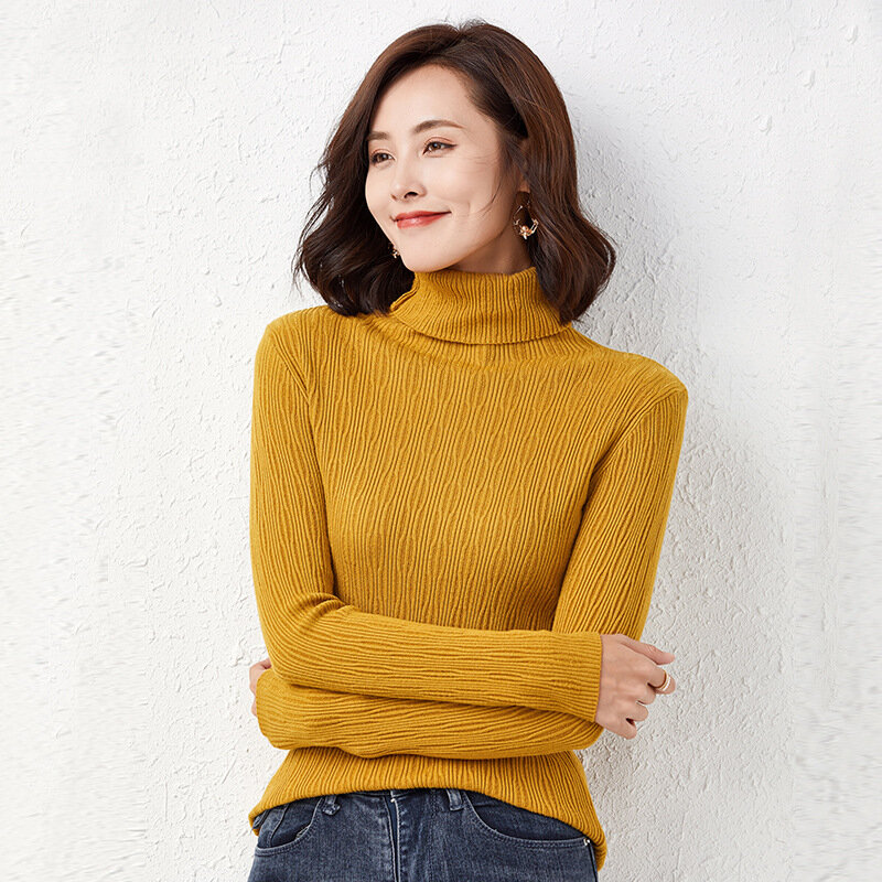女性用ニットハイネックセーター,韓国版,秋冬,無地の気質ニットセーター