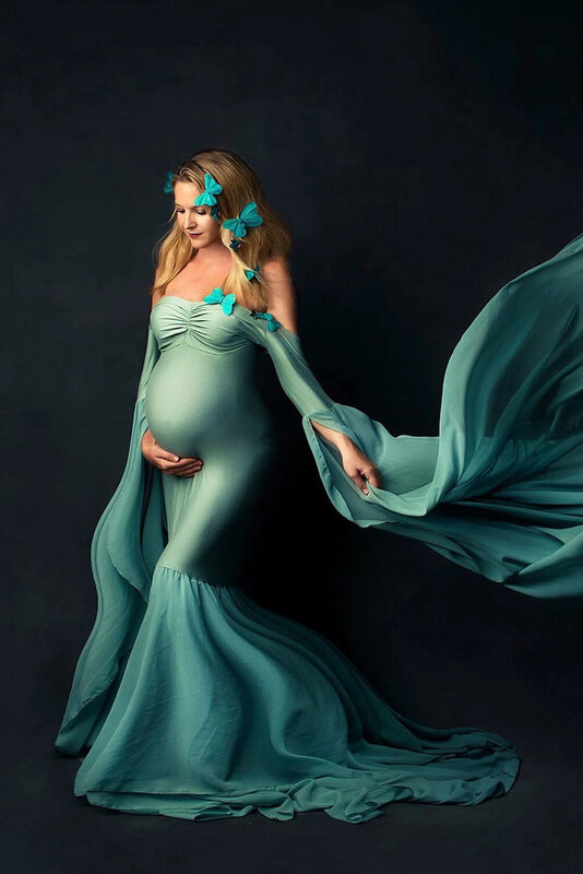 คลอดบุตรการถ่ายภาพ Props ชุดยาวเซ็กซี่ไหล่สำหรับหญิงตั้งครรภ์แฟนซีชุดการตั้งครรภ์ Elegence Maxi ชุดถ...