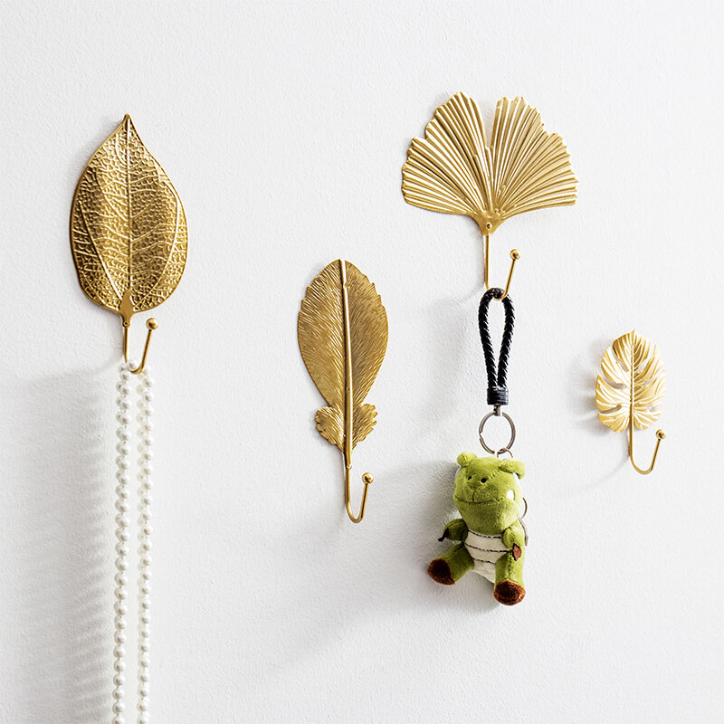 Nordic Leaf Shape Hook Creative Golden Coat Rack Adhesive Holder Wall Coat Key Hanger Free-Hole Home Wall Hanging Decoration