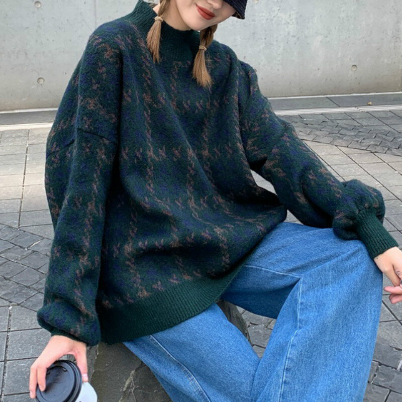 Pullover 2021 Autumn New Houndstooth Knitted Female Korean Fashion Vintage Short Loose Red Outerwear Plaid Sweater Casual Tops