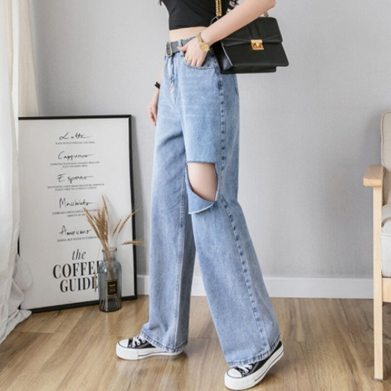 Jeans donna Jeans strappati a vita alta 2019 autunno inverno per abiti abbigliamento Denim a gamba larga pantaloni Vintage moda Streetwear blu