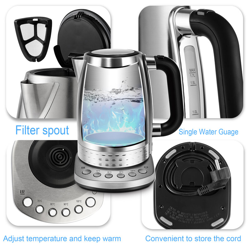 Sonifer – bouilloire électrique pour thé et café, appareil de cuisine intelligent, avec contrôle de la température, fonction de maintien au chaud, 1,7 l,S'éteint automatiquement,Élément chauffant en acier inoxydable