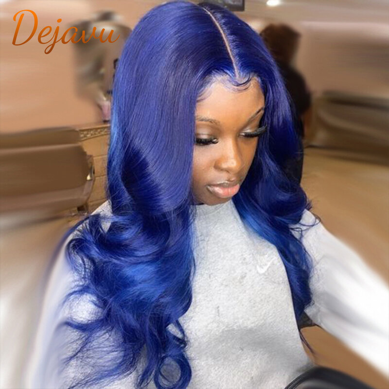 Azul escuro frente do laço perucas de cabelo humano 4x4 encerramento peruca onda do corpo preplucked perucas para mulher cor azul escuro transparente