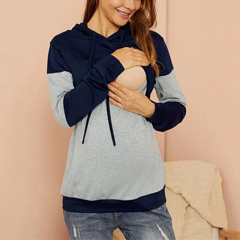 Amamentação roupas de gravidez hoodies moletom casual feminino maternidade para enfermagem terno manga longa outono colorblock camisa