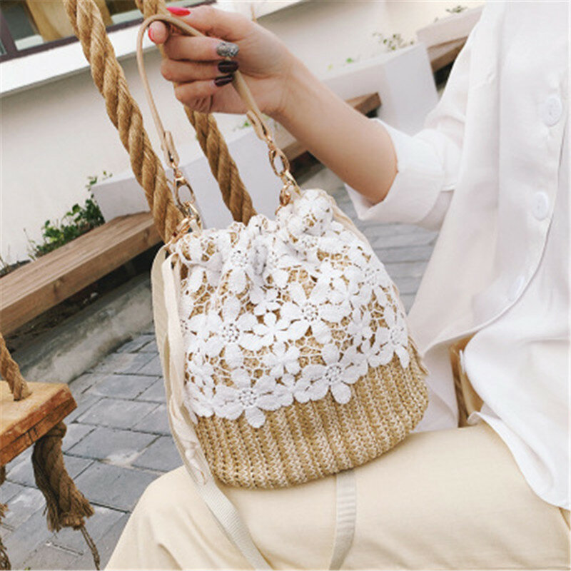 Summer Lace Woven Shoulder Bucket Straw Bag Fashion High Quality Vacation Handbags for Women 2021 Designer Luxury