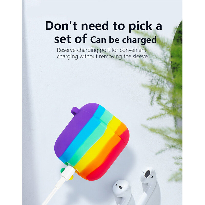 Case para fones de ouvido sem fio, caixa de silicone fofa com chaveiro colorido arco-íris para airpods 1/2