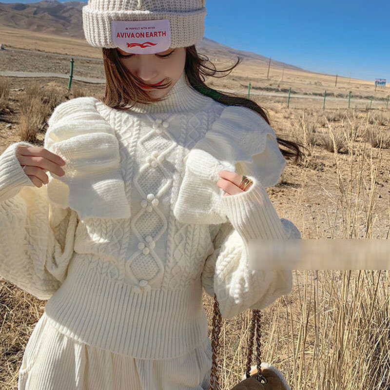 Autumn Winter Sweet White Knitted Sweater Women Ruffles Knitted Pullovers Kawaii Turtleneck Loose Sweater Puff Sleeve Knit Tops