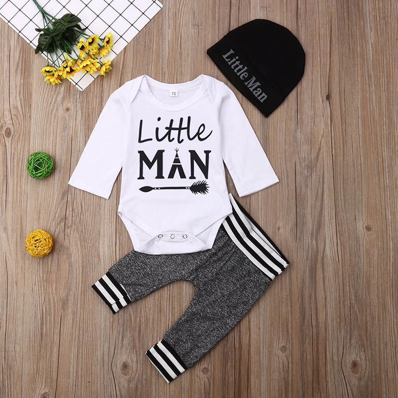 Conjunto de tres piezas para bebé, mono con estampado de letras, pantalones y sombrero, moda informal, primavera y otoño