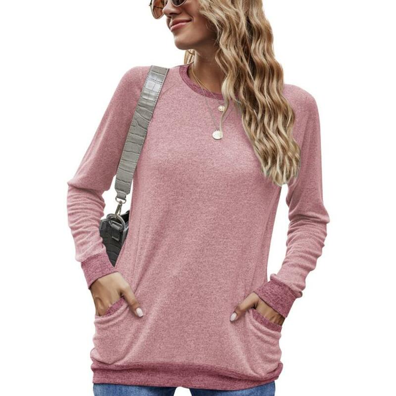 Sweat-shirt à manches longues pour femme, pull-over décontracté avec poches et couleurs contrastées, mode automne/hiver 2020