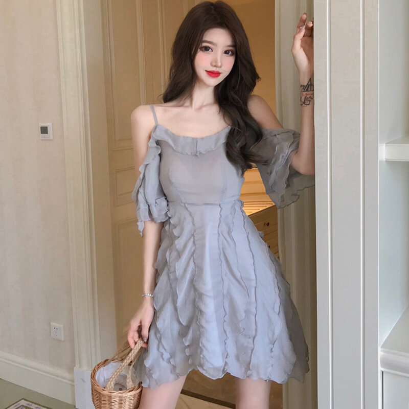 New2021 Ngọt Cổ Sen Gợi Cảm Treo Áo Đầm Nữ Hở Lưng Xù Nhà Thiết Kế Mini Váy Đầm Ôm Gọn Hàn Quốc Kawaii Đầm