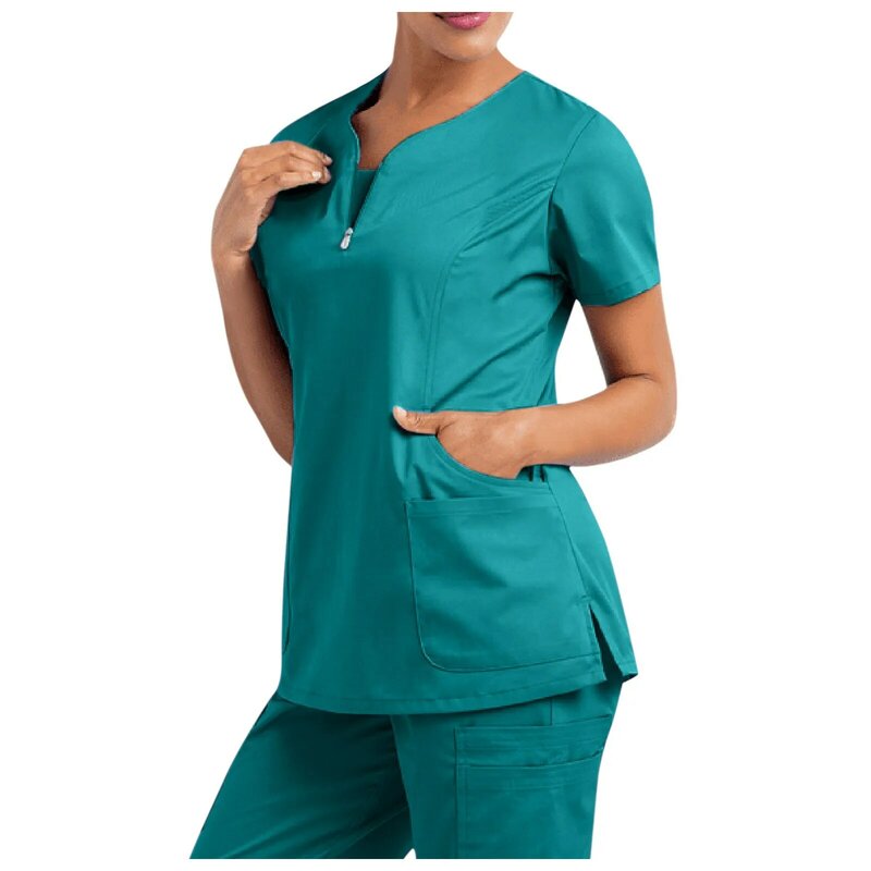 Atasan Scrub kerah V melar untuk wanita kaus lengan pendek Solid seragam perawat Salon kecantikan dengan blus pekerja perawatan saku