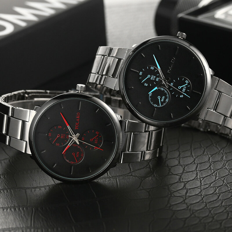 YOLAKO Luxus Männer Uhr Legierung Mesh Gürtel Uhr Einfache Gefälschte Drei-auge Beiläufige Uhr reloj hombre relogio masculino A77
