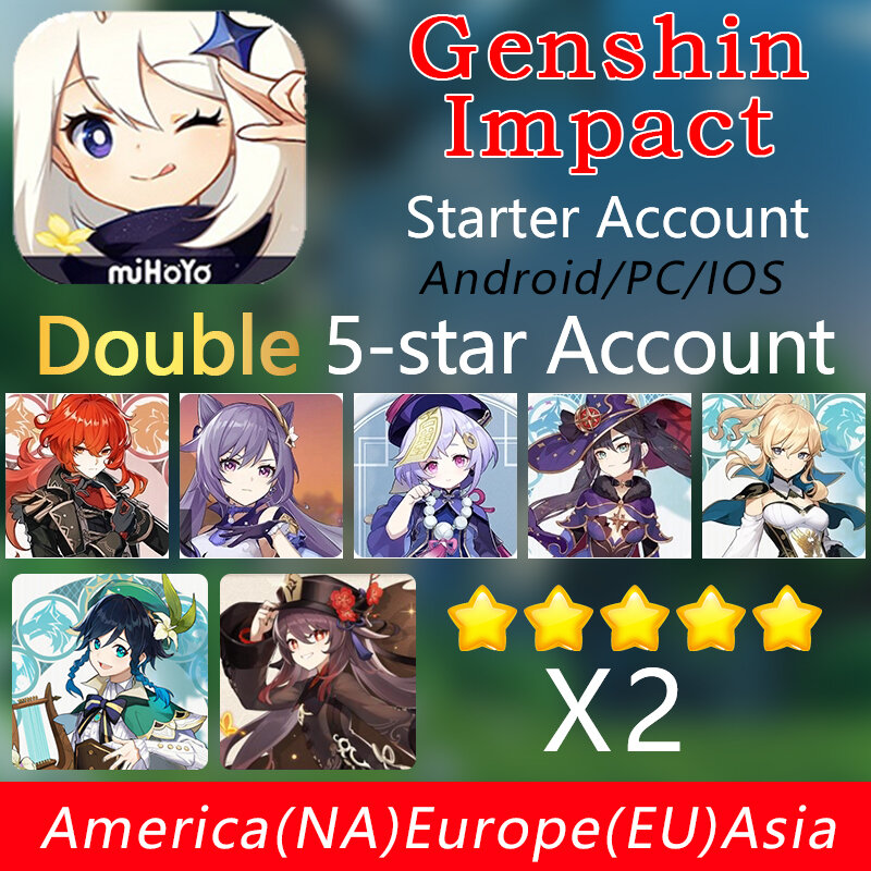 Dual Triple Genshin Impact บัญชีอเมริกา/ยุโรป/เอเชีย5 Star Starter บัญชี Keqing Diluc QiQi Jean Venti Mona zhongli AR 5-10