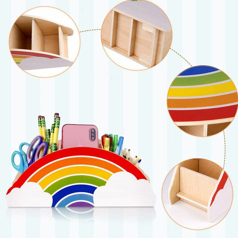 Soporte de madera para bolígrafos, tubo de papelería de oficina, arcoíris, organizador de objetos pequeños, soporte de suministros de oficina creativo
