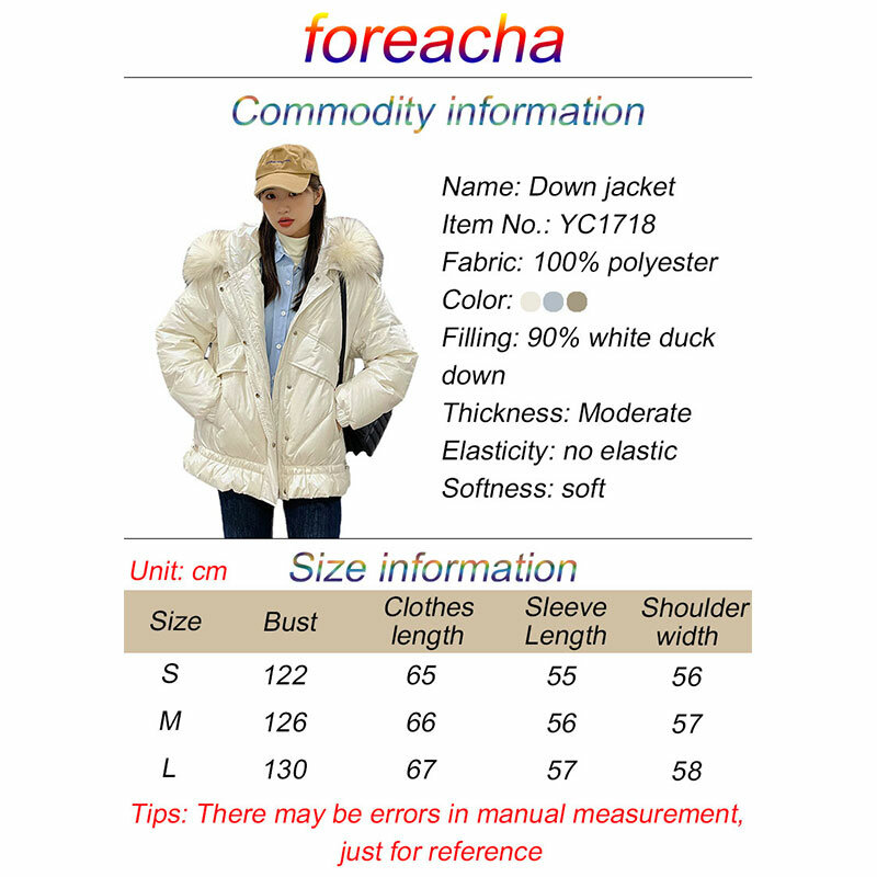 광택 여우 모피 칼라 다운 재킷 여자 90% 화이트 오리 패션 겨울 따뜻한 코트 후드 지퍼 느슨한 파카 여성