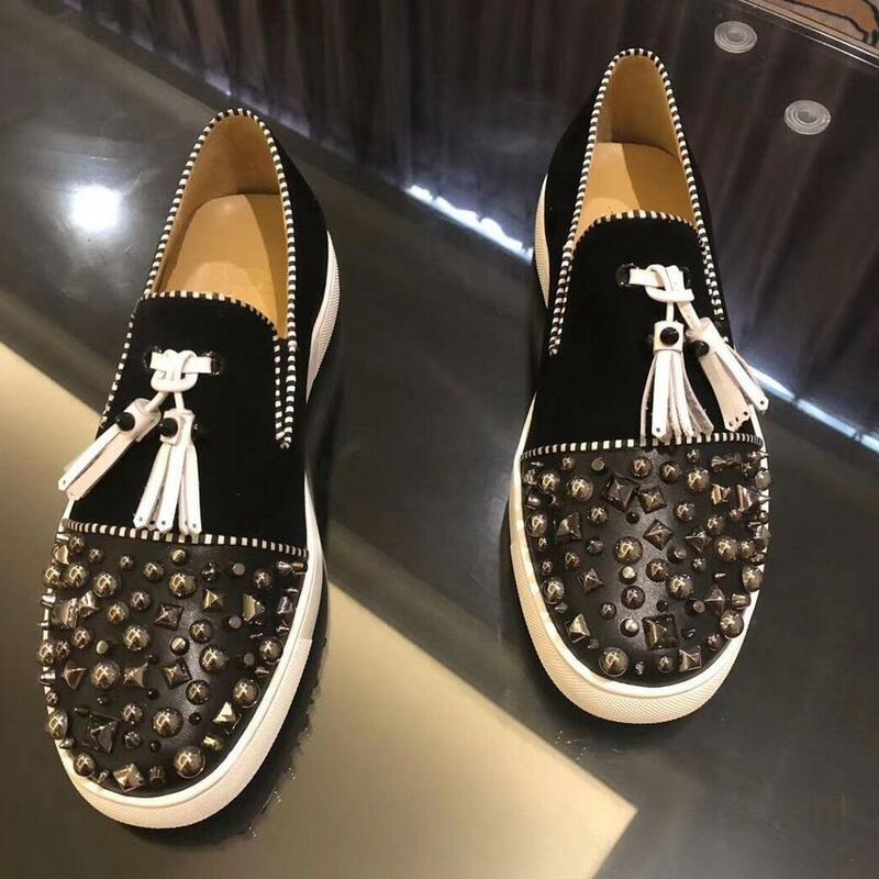 Luxury Fashion designer wedding Shoes for Men black tassels with rivets flat shoes Man Party dress Formal prom business shoes