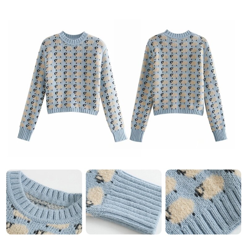 Suéter feminino manga comprida gola redonda estampa de animais pequena ovelha blusa curta tricô x3ue