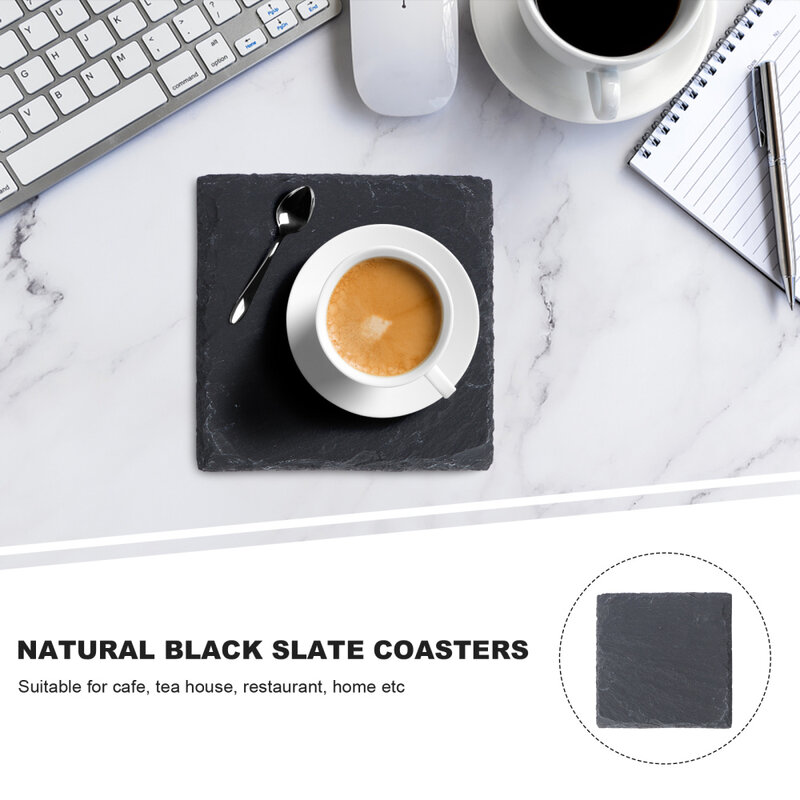 4pcs 10*10CM Natural Slate Drink Coasters Glass Mug Cup Mats Pats Table Placemats (Black)