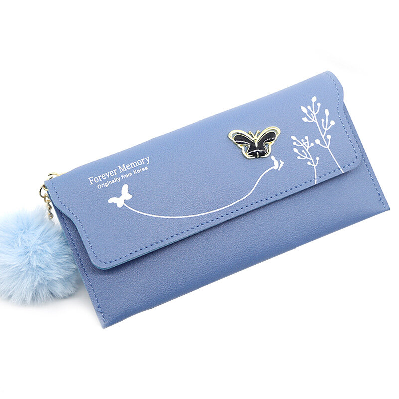 New Fashionable Women Long Wallets Pure Color Wool Ball Bow Clutch Bag Card Bag Coin Purse Standard Wallets PU Solid Polyester
