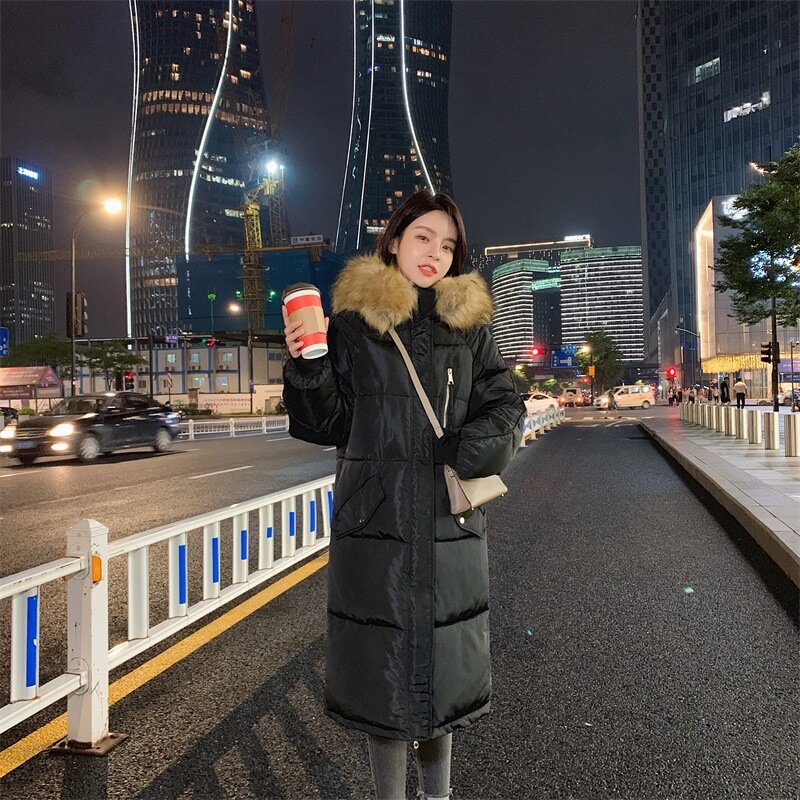 2021 새로운 큰 모피 칼라 중간 길이 다운 재킷 여성의 한국어 스타일 느슨한 Overknee 면화 패딩 코트 두꺼운 패딩 재킷