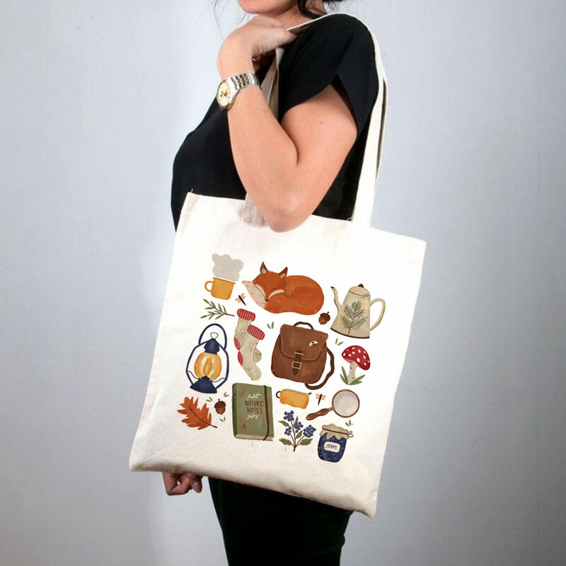 Shopper – sac à main en toile imprimé pour femmes, fourre-tout avec dessin de ligne, sac de shopping à épaule pour filles, Harajuku