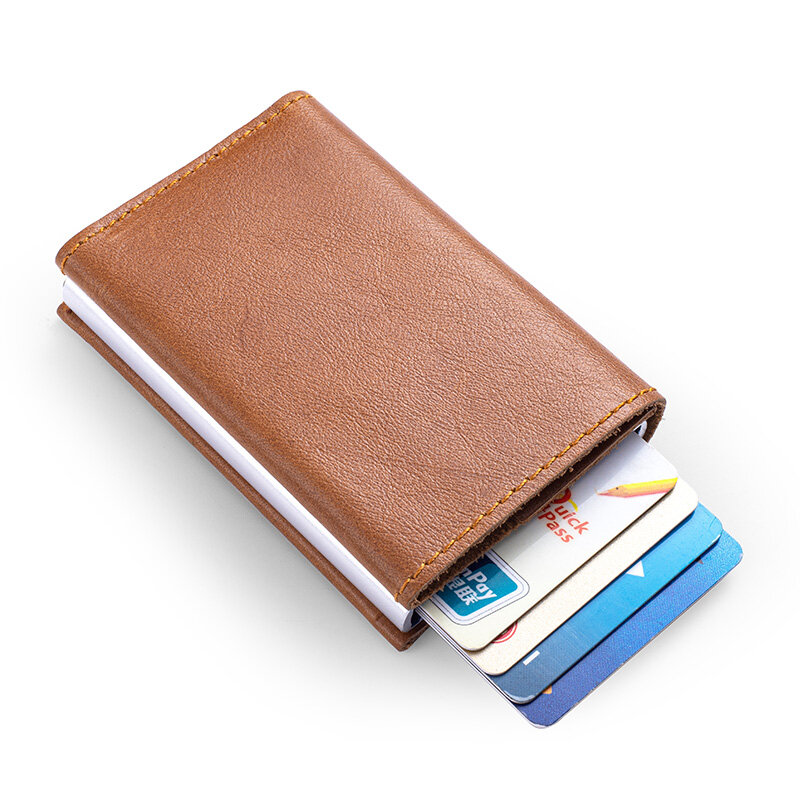 PRAETOR 신용 카드 홀더 RFID 지갑 알루미늄 금속 케이스 남자 슬림 안티 보호 정품 가죽 지갑 여성 은행 카드 홀더