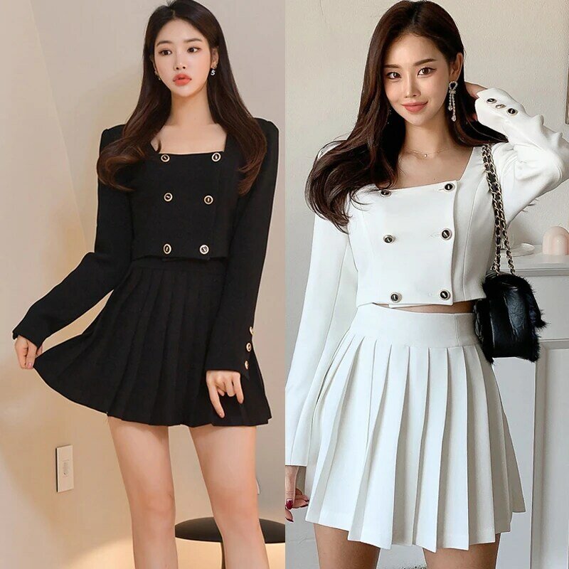 Conjunto de dos piezas para mujer, Top corto de alta calidad + minifalda plisada, estilo bonito, elegante coreano, Primavera