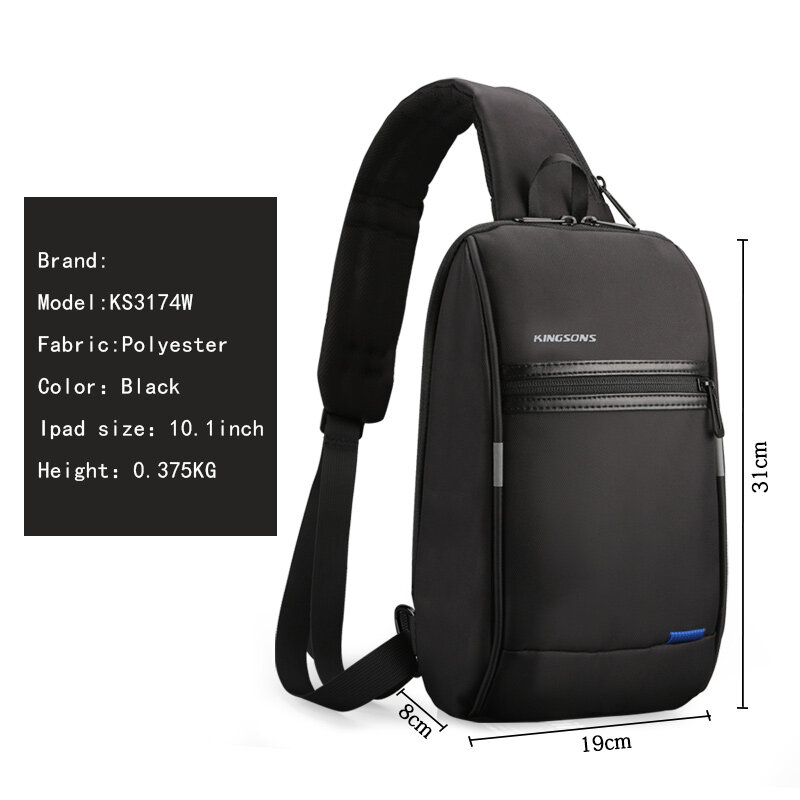 Kingsons Men Anti-theft Crossbody Bags Male Waterproof USB Charging Chest Pack Short Trip Messenger Sling Bag Shoulder Chest Bag