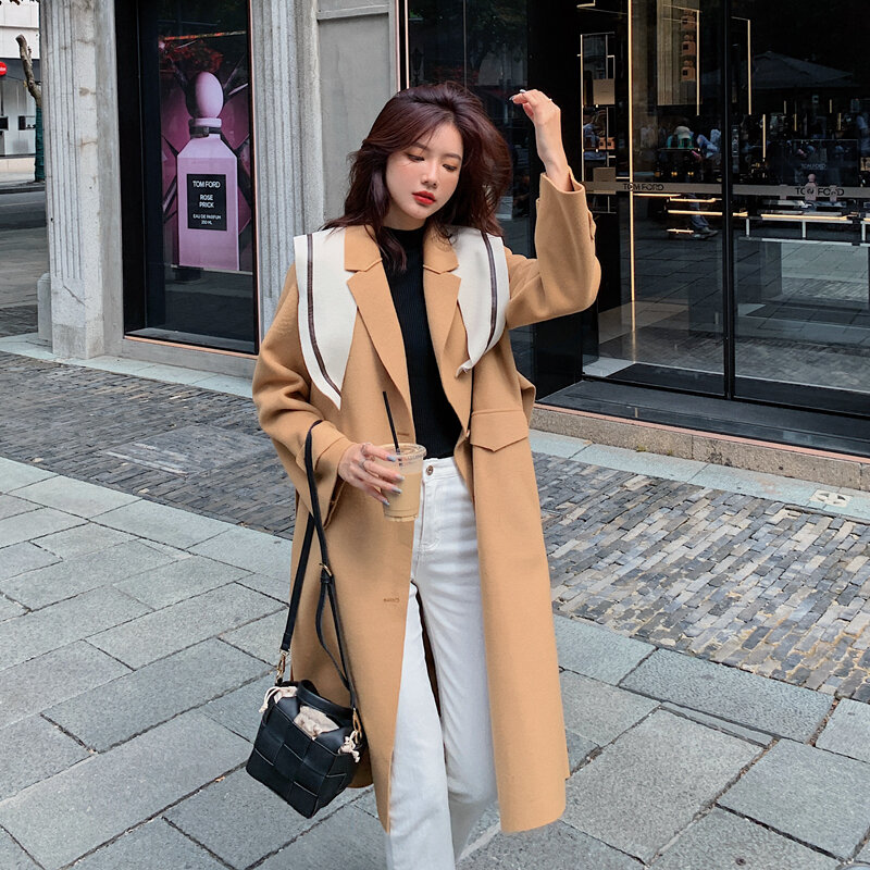 Shawl Can Be Detachable 2021 Autumn And Winter New Korean Version of Simple Temperament Long Double-sided Coat Wool
