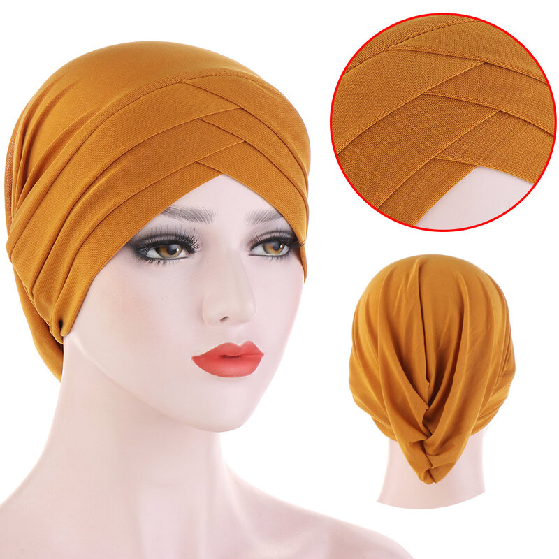 Turbante musulmán cruzado, Hijabs interiores de algodón elástico para gorras de Color puro listas para usar, bufanda para la cabeza para mujeres, bajo el capó de Hijab