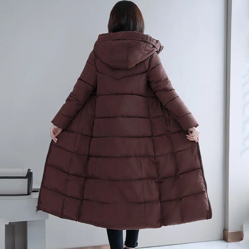 Зимняя женская куртка, пальто, одежда с 2021 хлопковой подкладкой, Длинная утепленная Свободная Женская парка с капюшоном, раньше 6XL, однотонн...