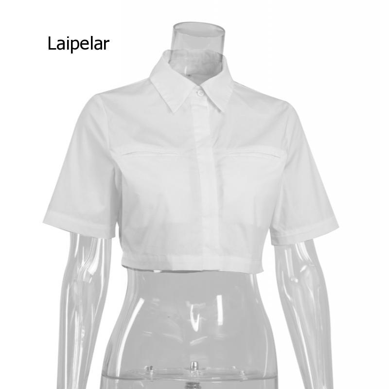 New White Crop Top camicette da donna primavera girare verso il basso colletto camicia da ufficio manica corta femminile Casual monopetto Top 2021