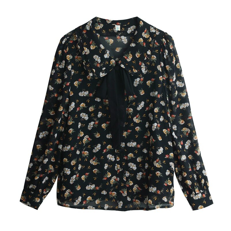 Camisa De gasa con estampado Floral para Mujer, Blusa De manga larga con lazo, Top De gran tamaño para otoño