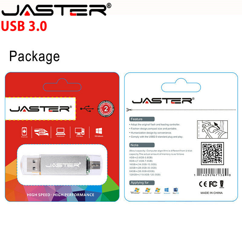 Jaster-pendrive d101, usb 3.0, alta velocidade, 4gb, 8gb, 16gb, 32gb, 64gb, 128gb, interface dupla, para android/pc