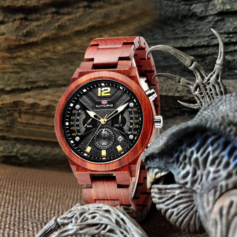 Часы наручные мужские с деревянным браслетом, Спортивные кварцевые с бамбуковым ремешком, с хронографом