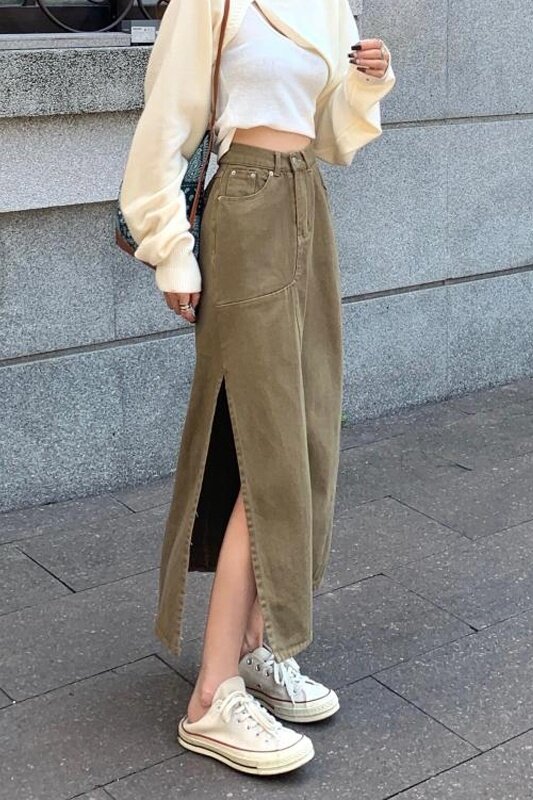 Jesień 2021 spódnica nowa uniwersalna średniej długości wysokiej talii cienki jednolity kolor Split-line Denim moda damska