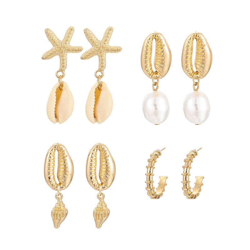Tocona 4 pares/1 conjunto boho golden beach shell starfish conch pearl drop brincos pendentes para mulheres brinco de piercing de praia presente f02101