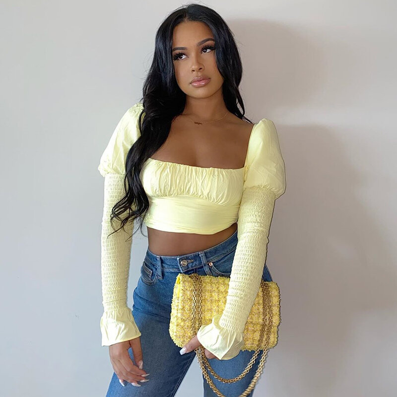 NewAsia Yellow Blusas Women Vintage Long Puff Sleeve Sexy Low Out Pleat Crop Tops Autumn Solid Back Zipper Casual Blouse 2020