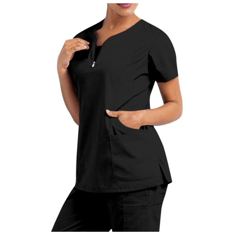 Stretch V-Neck peeling Top dla kobiet z jednolita, krótka rękawem T-Shirt Salon kosmetyczny strój pielęgniarki z kieszenią pielęgnacja pracowników bluzka