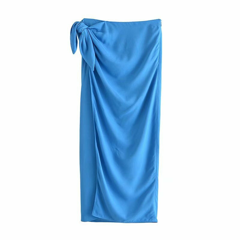 ZA 2021 블루 랩 미디 여름 치마 여성 빈티지 높은 허리 Sarong 스커트 패션 사이드 매듭 슬릿 Ruched 여자 스커트 Mujer