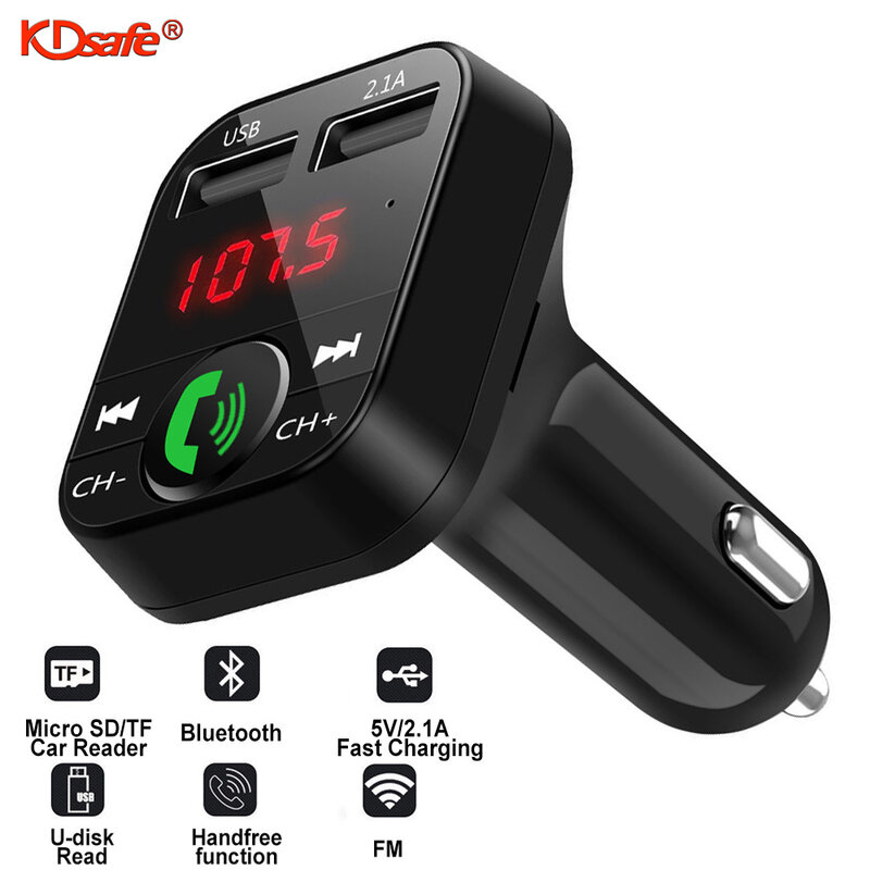 KDsafe-Dispositivo Manos Libres con Bluetooth para Coche, Kit Inalámbrico para Vehículo, Transmisor LCD FM, Cargador Doble USB y 2.1A, Reproductor de Música MP3, Lee U Disk y AUX