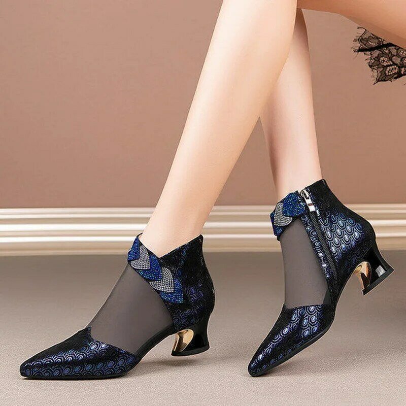 Chaussures femme compensés à bout pointu Haut Épais Talons Hautes Sandales Bottes Fermeture Éclair Été Chaussures 